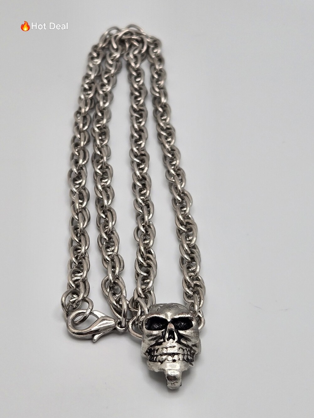Gothic Skull Pendant Necklace Heavy Silver Tone Chain Punk Biker 29" - Picture 6 of 8